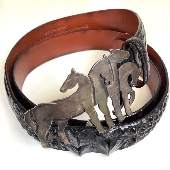 Pat Areias 925 Sterling Silver Stamped Equestrian Buckle Alligator Black Belt 38 - Picture 3 of 16